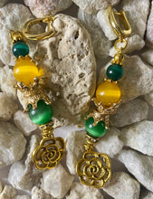 Load image into Gallery viewer, Exotic Deep Yellow &amp; Bright Green Cat Eye Quartz and Green Agate Gemstone Dangle Earrings with Rose Charms
