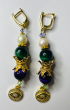 Load image into Gallery viewer, Exotic Amethyst, Emerald Green Tiger Eye and Cultured Pearl Gemstone Dangle Earrings with Evil Eye Charms
