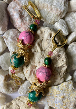 Load image into Gallery viewer, Exotic Pink and Green Jasper Gemstone Dangle Earrings with Tiny Leaf Charms
