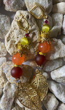 Load image into Gallery viewer, Exotic Matte Red Carnelian, Yellow Cat Eye Quartz and Peach Agate Gemstone Dangle Earrings with Gold Filigree Leaf Charm
