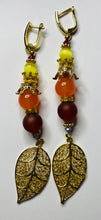 Load image into Gallery viewer, Exotic Matte Red Carnelian, Yellow Cat Eye Quartz and Peach Agate Gemstone Dangle Earrings with Gold Filigree Leaf Charm
