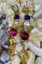 Load image into Gallery viewer, Exotic Blue Agate, Fuchsia Pink Tiger Eye and Natural Cultured Pearl Gemstone Dangle Earrings with Leaf Charms
