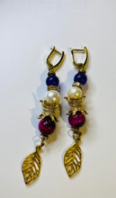 Load image into Gallery viewer, Exotic Blue Agate, Fuchsia Pink Tiger Eye and Natural Cultured Pearl Gemstone Dangle Earrings with Leaf Charms
