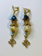 Load image into Gallery viewer, Exotic Blue Kyanite and Cultured Pearl Gemstone Dangle Earrings with Fleur de Lis Charms
