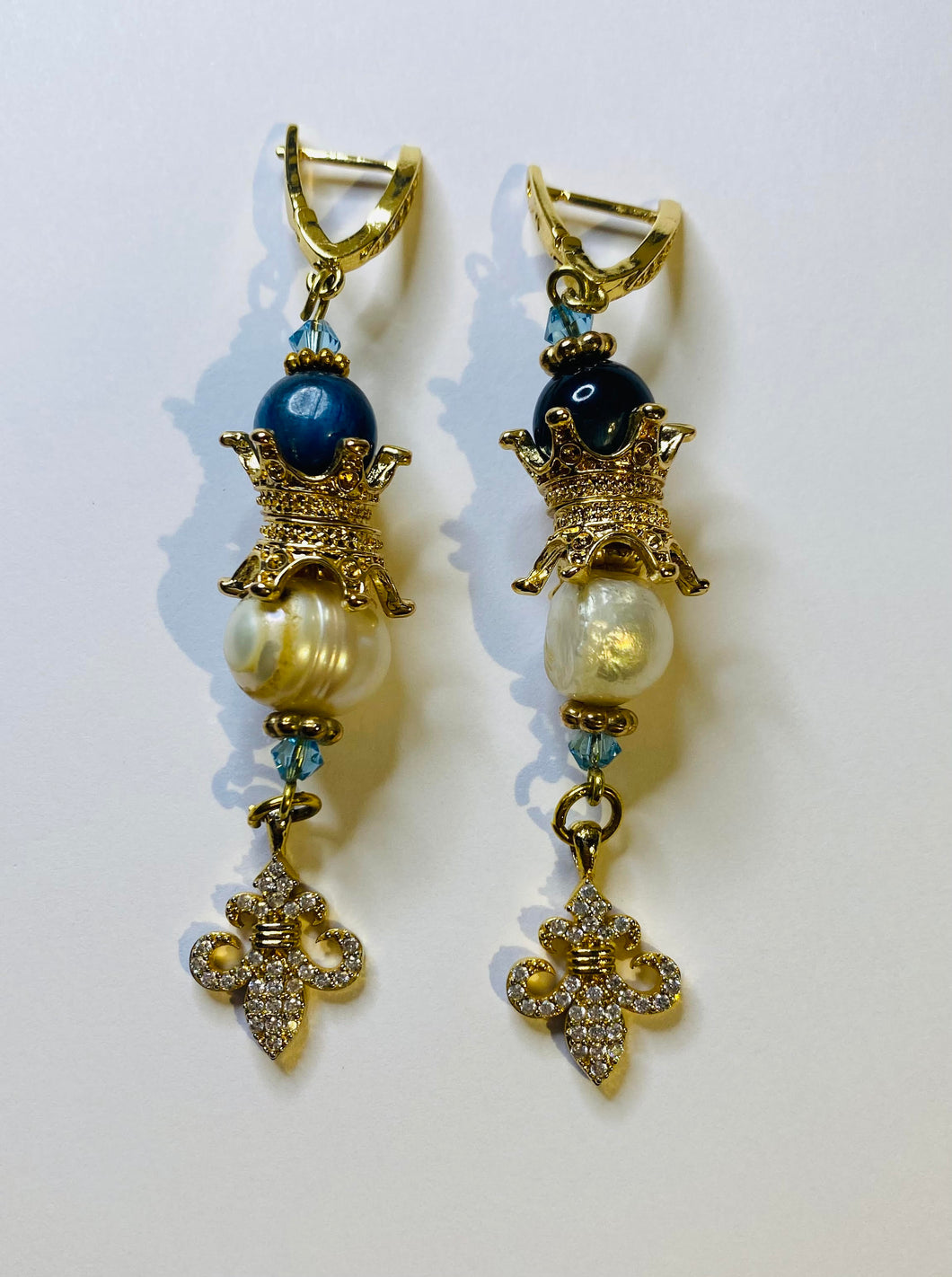 Exotic Blue Kyanite and Cultured Pearl Gemstone Dangle Earrings with Fleur de Lis Charms