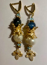 Load image into Gallery viewer, Exotic Blue Kyanite and Cultured Pearl Gemstone Dangle Earrings with Fleur de Lis Charms
