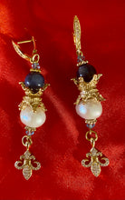 Load image into Gallery viewer, Exotic Blue Kyanite and Cultured Pearl Gemstone Dangle Earrings with Fleur de Lis Charms
