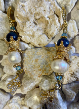 Load image into Gallery viewer, Exotic Blue Kyanite and Cultured Pearl Gemstone Dangle Earrings with Fleur de Lis Charms
