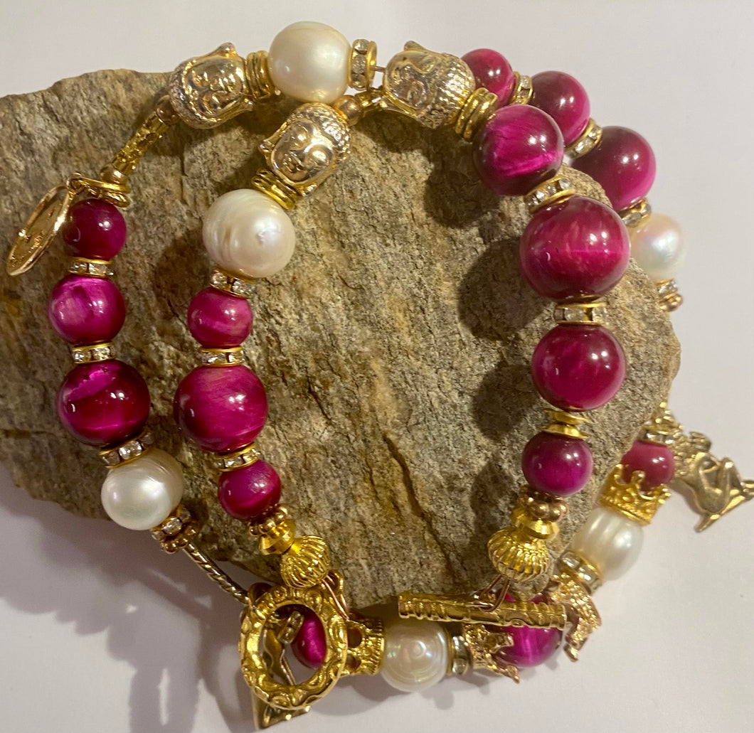 Exotic Fuchsia Pink Tiger Eye and Cultured Pearl Gemstone Tibetan Double Wrap Bracelet