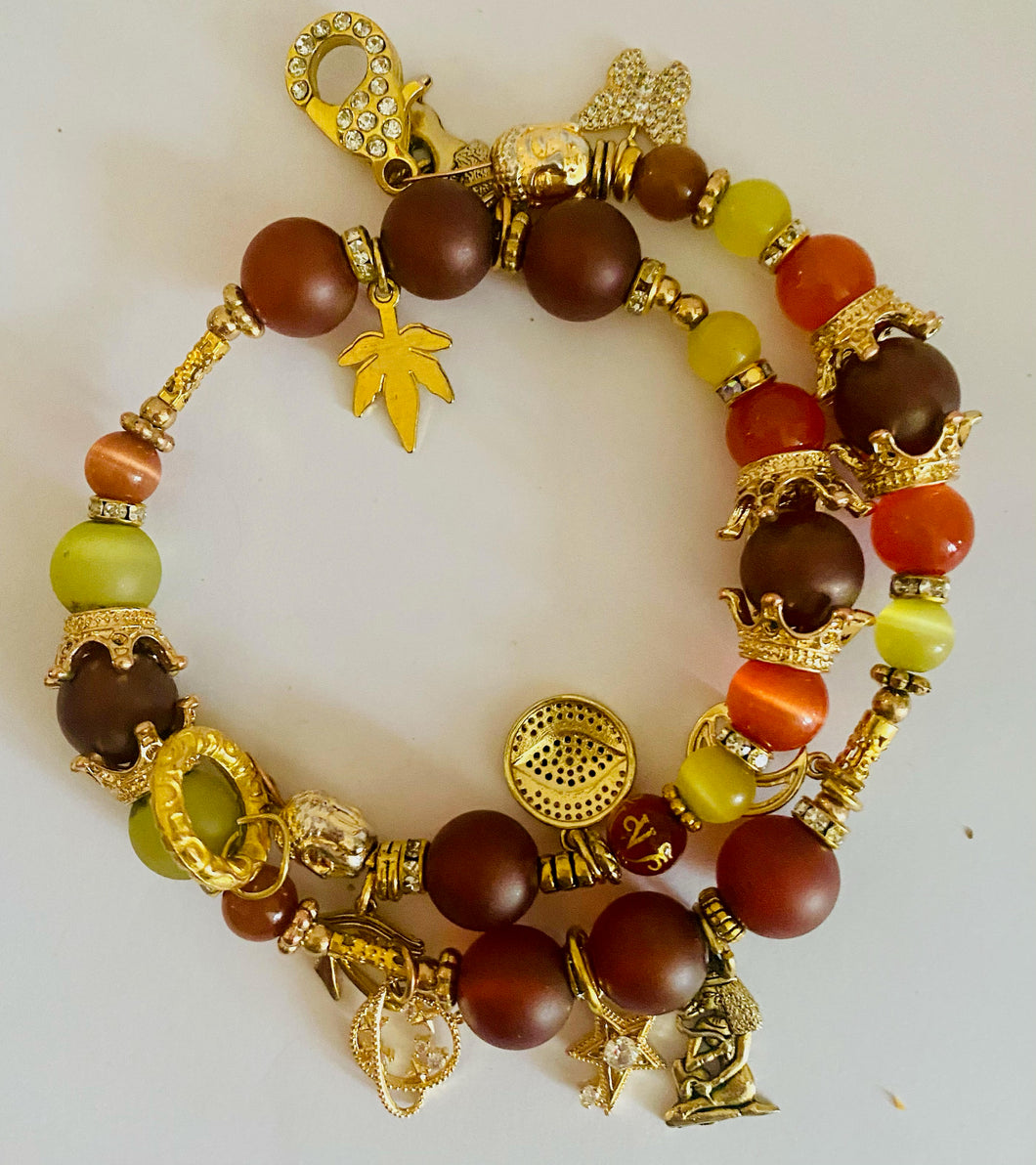 Exotic Matte Red Carnelian, Red Zagste and Yellow Cat Eye Quartz Gemstone Tibetan Double Wrap Bracelet