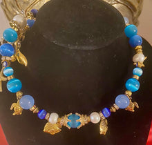 Load image into Gallery viewer, Exotic Blue Azurite, Blue Tiger Eye, Cultured Pearl and Cat Eye Quartz Gemstone Tibetan Double Wrap Bracelet with Marine Charms
