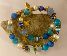 Load image into Gallery viewer, Exotic Blue Azurite, Blue Tiger Eye, Cultured Pearl and Cat Eye Quartz Gemstone Tibetan Double Wrap Bracelet with Marine Charms
