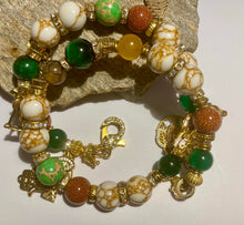 Load image into Gallery viewer, Exotic Green Jasper, White Howlite, Green Agate, Sunstone and Dragon Vein Agate Gemstone Tibetan Double Wrap Bracelet
