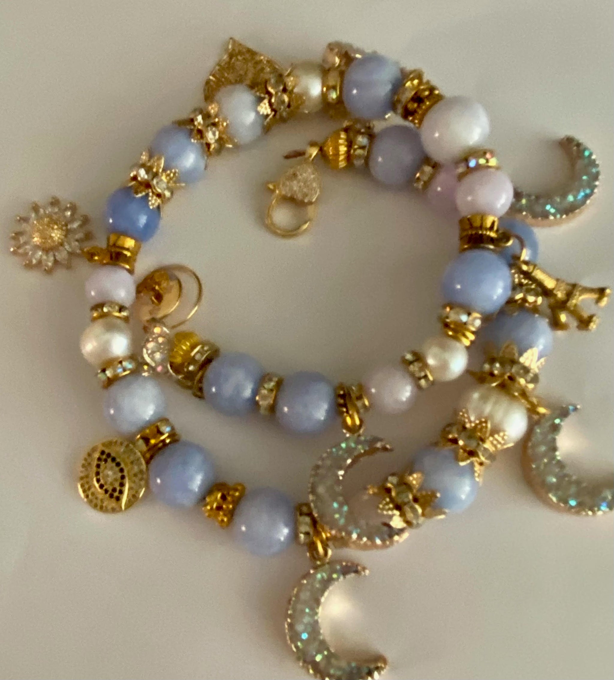 Exotic Blue Larimar and Cultured Pearl Gemstone Tibetan Double