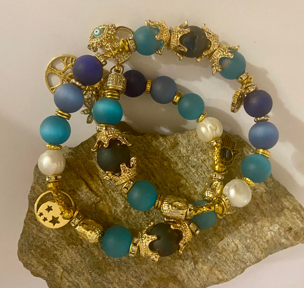 Exotic Blue Green and Dark Blue Matte Agate and Cultured Pearl Gemstone Double Wrap Bracelet