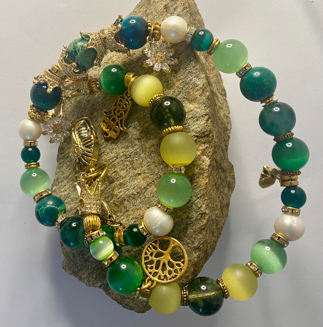 Exotic Aveturine, Green Agate, Green Tiger Eye, Yellow Matte Agate and White Cultured Pearl Gemstone Tibetan Double Wrap Bracelet