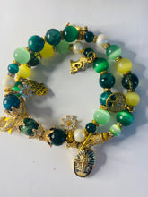 Load image into Gallery viewer, Exotic Aveturine, Green Agate, Green Tiger Eye, Yellow Matte Agate and White Cultured Pearl Gemstone Tibetan Double Wrap Bracelet
