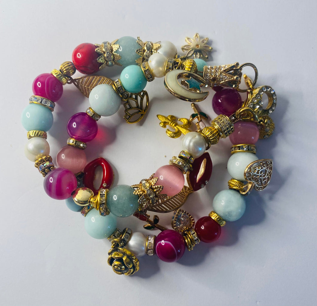 Exotic Light Blue Larimar, Fuschia Pink Tiger Eye, Red Jasper, Light Amazonite,  Light Pink Cat Eye Quartz & White Cultured Pearl Gemstone Tibetan Double Wrap Bracelet