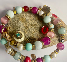 Load image into Gallery viewer, Exotic Light Blue Larimar, Fuschia Pink Tiger Eye, Red Jasper, Light Amazonite,  Light Pink Cat Eye Quartz &amp; White Cultured Pearl Gemstone Tibetan Double Wrap Bracelet
