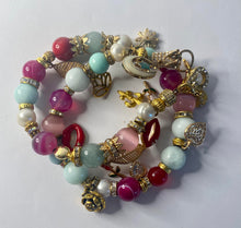 Load image into Gallery viewer, Exotic Light Blue Larimar, Fuschia Pink Tiger Eye, Red Jasper, Light Amazonite,  Light Pink Cat Eye Quartz &amp; White Cultured Pearl Gemstone Tibetan Double Wrap Bracelet
