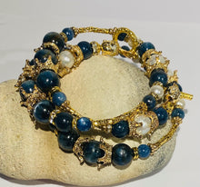 Load image into Gallery viewer, Exotic Blue Kyanite and White Cultured Pearl Gemstone Tibetan Triple Wrap Bracelet
