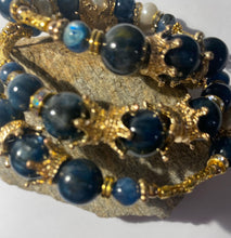 Load image into Gallery viewer, Exotic Blue Kyanite and White Cultured Pearl Gemstone Tibetan Triple Wrap Bracelet
