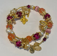 Load image into Gallery viewer, Exotic Bright Fuchsia Pink Tiger Eye, Light Pink Cat Eye Quartz, Peach Agate and White Cultured Pearl Gemstone Tibetan Double Wrap Bracelet
