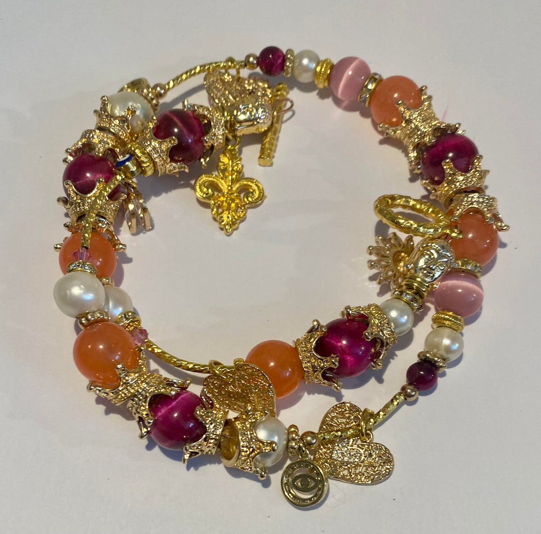 Exotic Bright Fuchsia Pink Tiger Eye, Light Pink Cat Eye Quartz, Peach Agate and White Cultured Pearl Gemstone Tibetan Double Wrap Bracelet