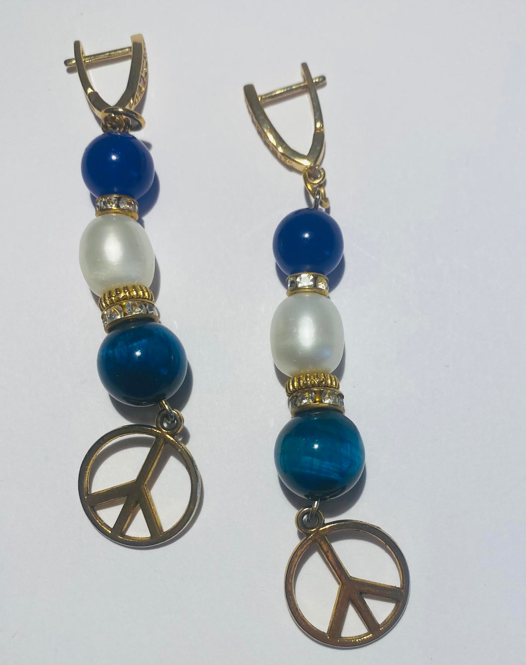 Exotic Blue Tiger Eye, Blue Agate and Pearl Gemstone Tibetan Dangle Earrings with Peace Symbol Charms