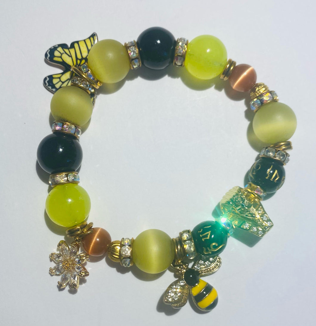 Exotic Black Agate, Light Yellow Cat Eye Quartz Gemstone Tibetan Stretch Bracelet with Cute Charms