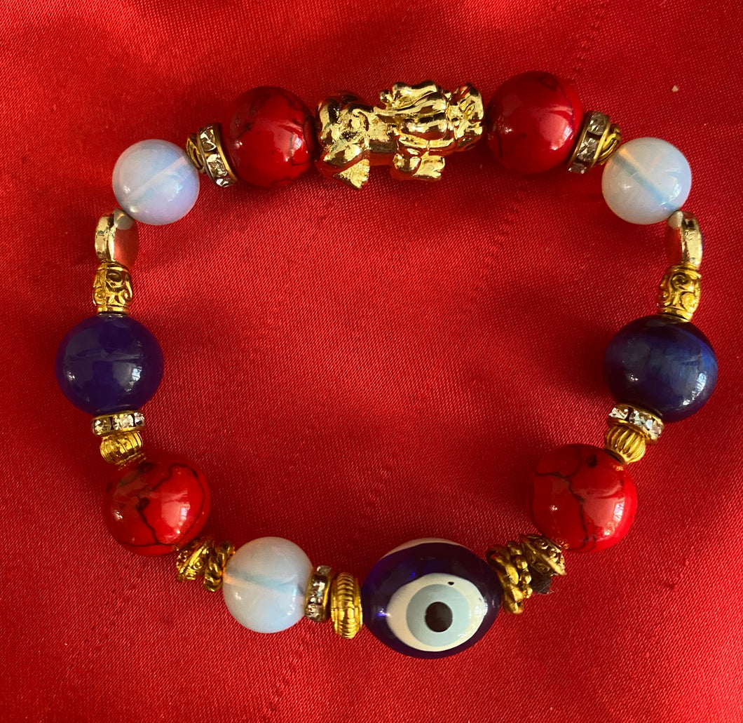 Exotic Red Agate, Blue Tiger Eye and White Opal Gemstone Tibetan Stretch Bracelet