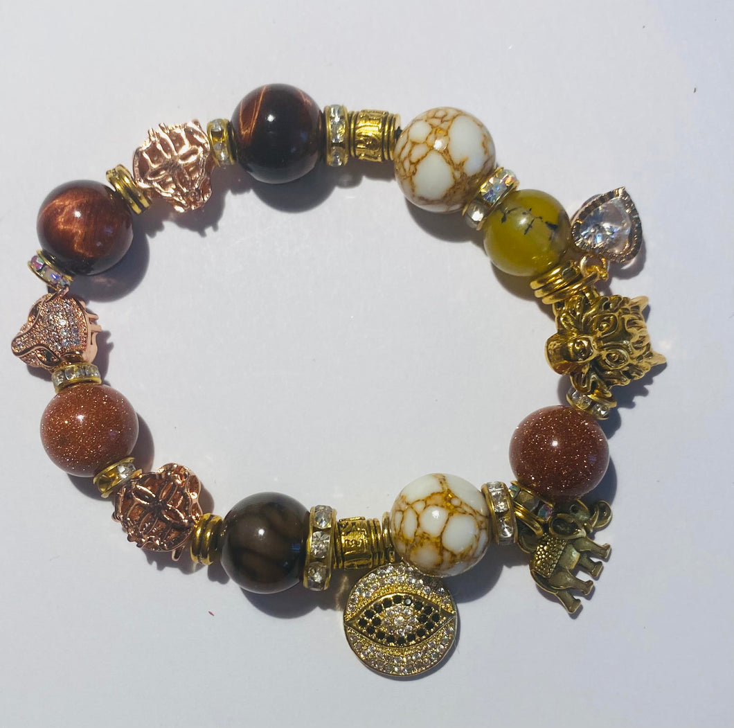 Exotic Brown Tiger Eye, White Howlite, Dragon Vein Agate and Sunstone Gemstone Tibetan Stretch Bracelet