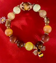 Load image into Gallery viewer, Exotic Agate Gemstone Stretch Bracelet with Cute Bee Charms
