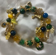 Load image into Gallery viewer, Exotic Yellow, Blue &amp; Green Tiger Eye, Agate &amp; Pearl Gemstone Double Wrap Bracelet with Egyptian Charms
