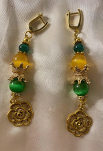 Load image into Gallery viewer, Exotic Green &amp; Yellow-Orange Cat Eye Quartz &amp; Green Agate Gemstone Earrings with Rose Charm
