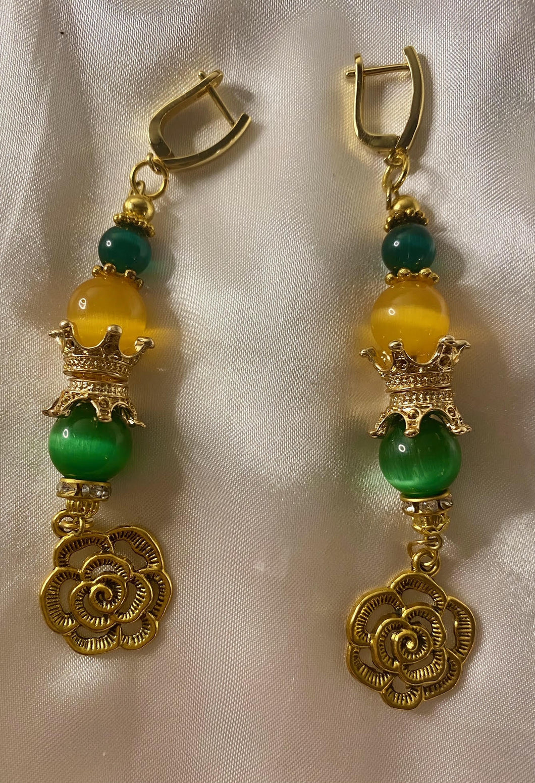 Exotic Green & Yellow-Orange Cat Eye Quartz & Green Agate Gemstone Earrings with Rose Charm