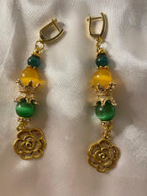 Load image into Gallery viewer, Exotic Green &amp; Yellow-Orange Cat Eye Quartz &amp; Green Agate Gemstone Earrings with Rose Charm
