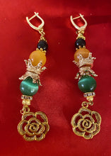 Load image into Gallery viewer, Exotic Green &amp; Yellow-Orange Cat Eye Quartz &amp; Green Agate Gemstone Earrings with Rose Charm
