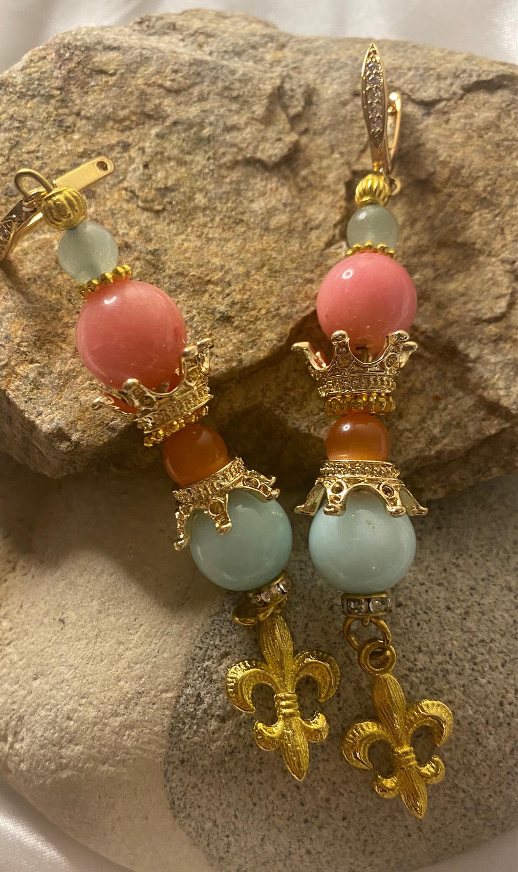 Pink Agate & Light Blue Angelite Gemstone Tibetan Dangle Earrings Fleur De Lis Charm