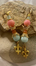 Load image into Gallery viewer, Pink Agate &amp; Light Blue Angelite Gemstone Tibetan Dangle Earrings Fleur De Lis Charm
