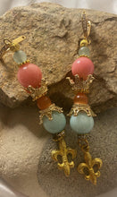 Load image into Gallery viewer, Pink Agate &amp; Light Blue Angelite Gemstone Tibetan Dangle Earrings Fleur De Lis Charm
