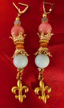 Load image into Gallery viewer, Pink Agate &amp; Light Blue Angelite Gemstone Tibetan Dangle Earrings Fleur De Lis Charm
