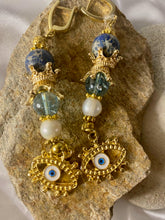 Load image into Gallery viewer, Exotic Blue Jasper, Quartz &amp; Pearl Gemstone Tibetan Style Dangle Earrings with Evil Eye Charm
