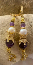 Load image into Gallery viewer, Exotic Amethyst &amp; Pearl Gemstone Tibetan Dangle Earrings
