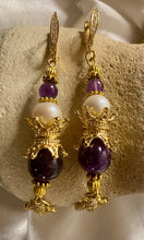 Load image into Gallery viewer, Exotic Amethyst &amp; Pearl Gemstone Tibetan Dangle Earrings
