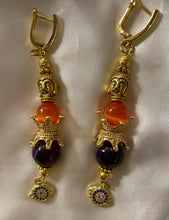 Load image into Gallery viewer, Amethyst and Orange Cat Eye Quartz Gemstone Tibetan Dangle Earrings
