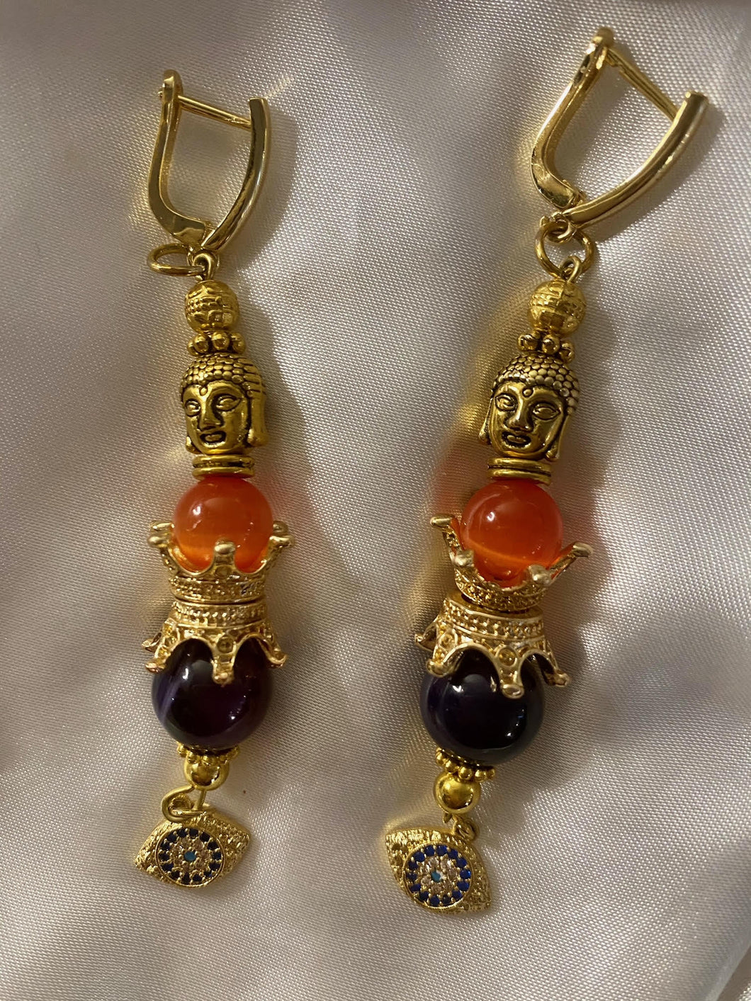 Amethyst and Orange Cat Eye Quartz Gemstone Tibetan Dangle Earrings