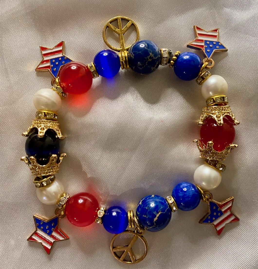 Exotic Blue & Red Agate White Pearl Gemstone American Flag Stretch Bracelet