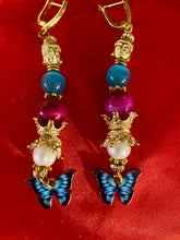 Load image into Gallery viewer, Pink &amp; Turquoise Butterfly Gemstone Tibetan Dangle Earrings
