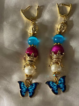 Load image into Gallery viewer, Pink &amp; Turquoise Butterfly Gemstone Tibetan Dangle Earrings
